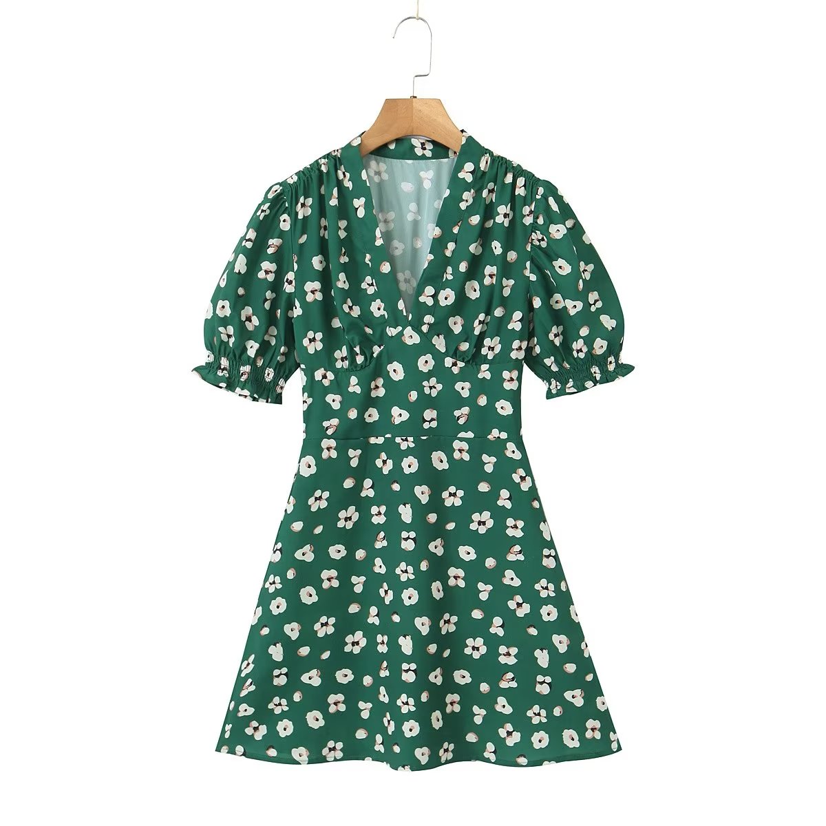 Green Shivering Short Sleeve Dress Women Summer Slim Fit V neck Slimming Tea Break