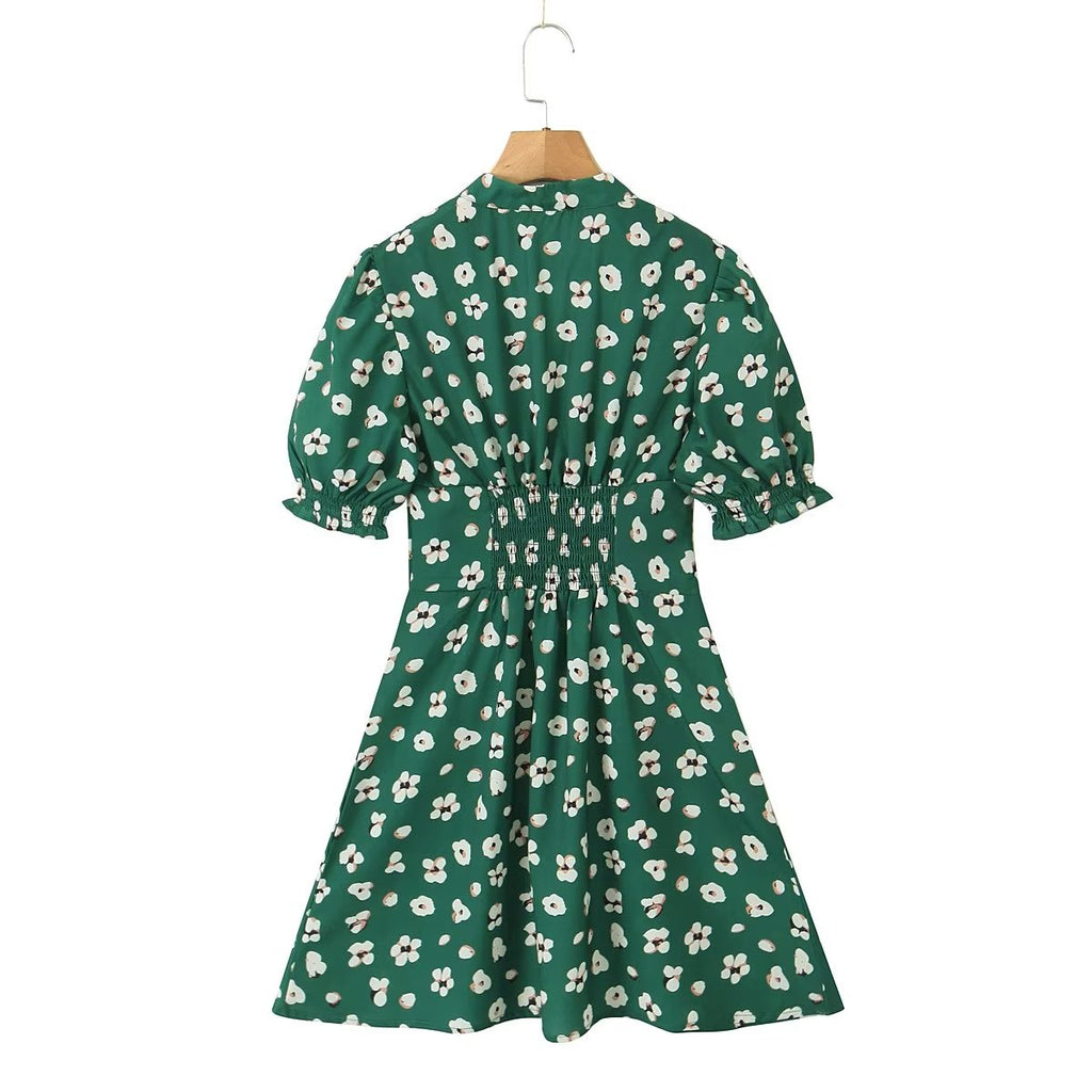 Green Shivering Short Sleeve Dress Women Summer Slim Fit V neck Slimming Tea Break