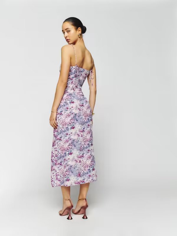 Summer Slim Fit V neck Red Floral Side Split Sling Mid Length Dress