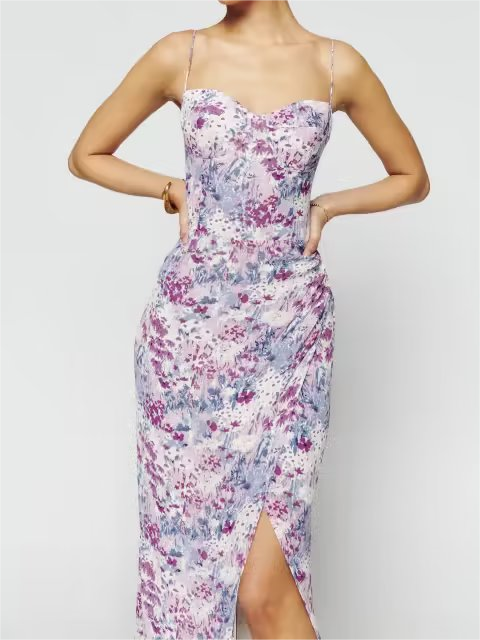 Summer Slim Fit V neck Red Floral Side Split Sling Mid Length Dress