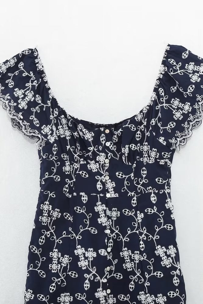 Floral Embroidered Single Breasted Waist Midi Dress Dress Summer Women