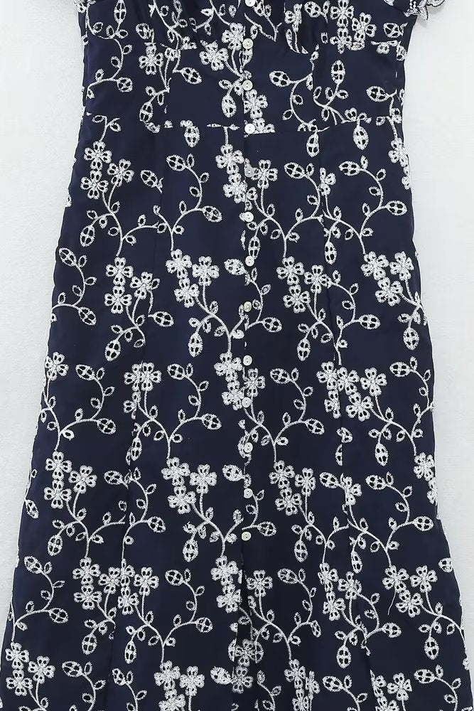 Floral Embroidered Single Breasted Waist Midi Dress Dress Summer Women