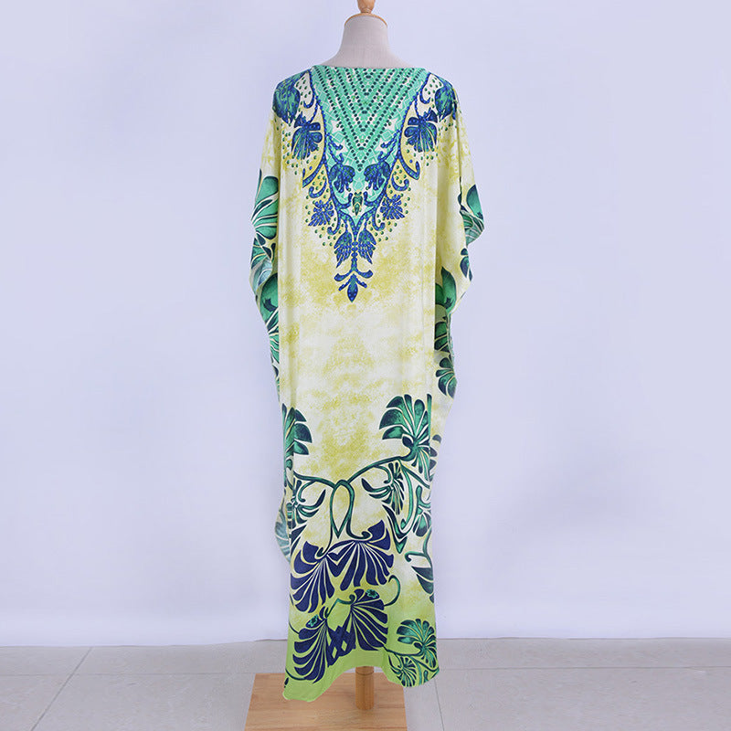 Rayon Positioning Printing Bikini Cover Up Robe Vacation Beach Dress Swimsuit Blouse Women