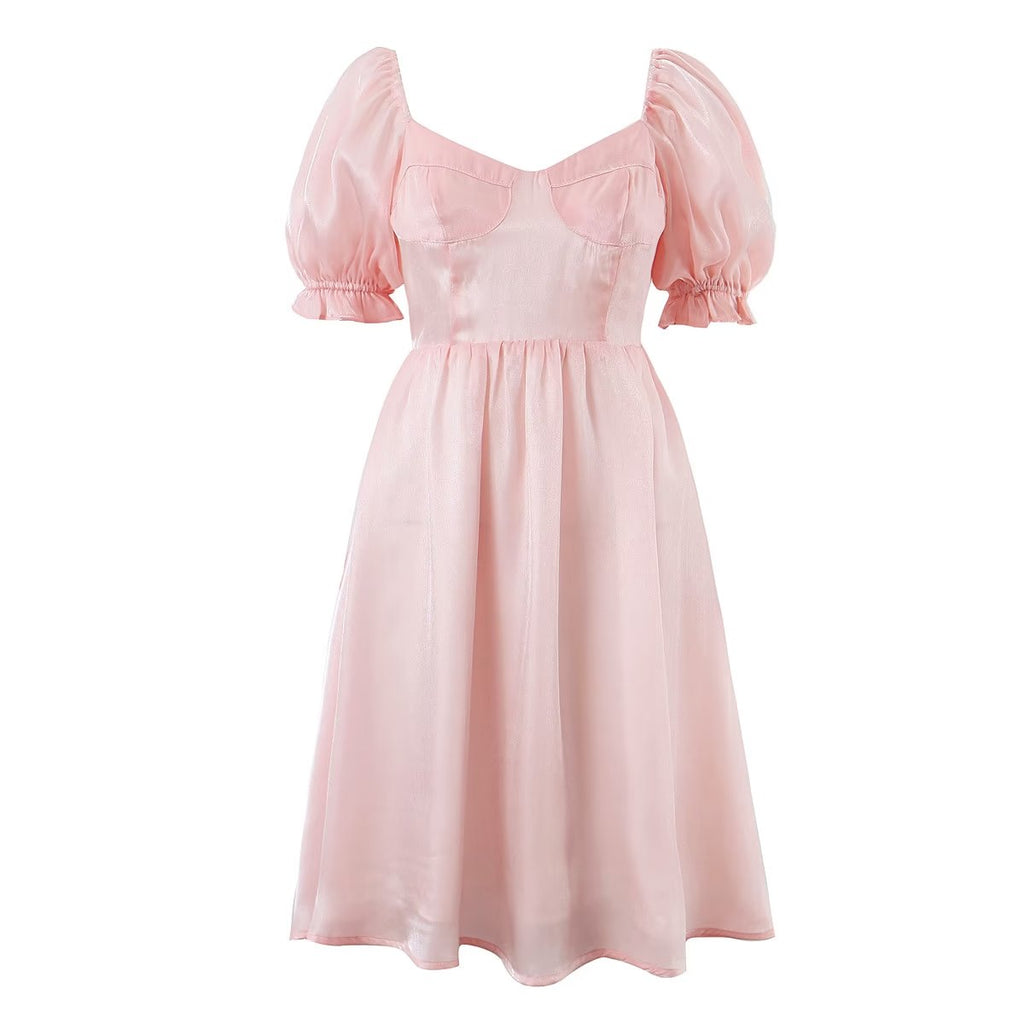 Sweet Gentle Retro Puff Sleeve Spring Graceful Square Collar Backless Large Swing Dress