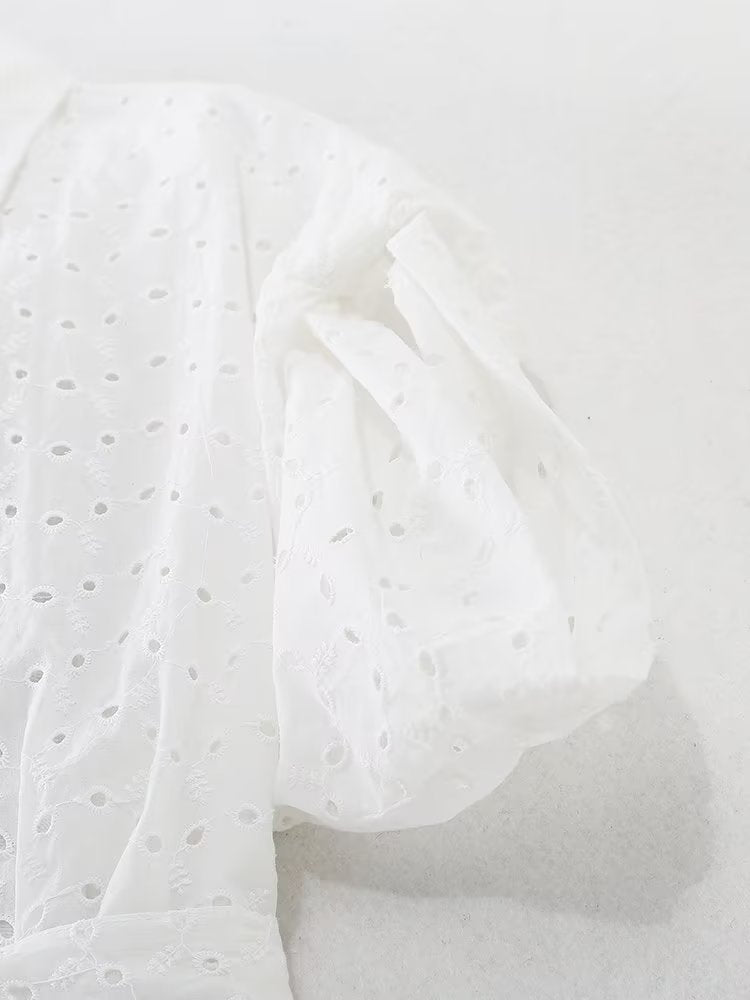 Summer Women Clothing Collared Short Sleeve Embroidered Midi Dress Dress