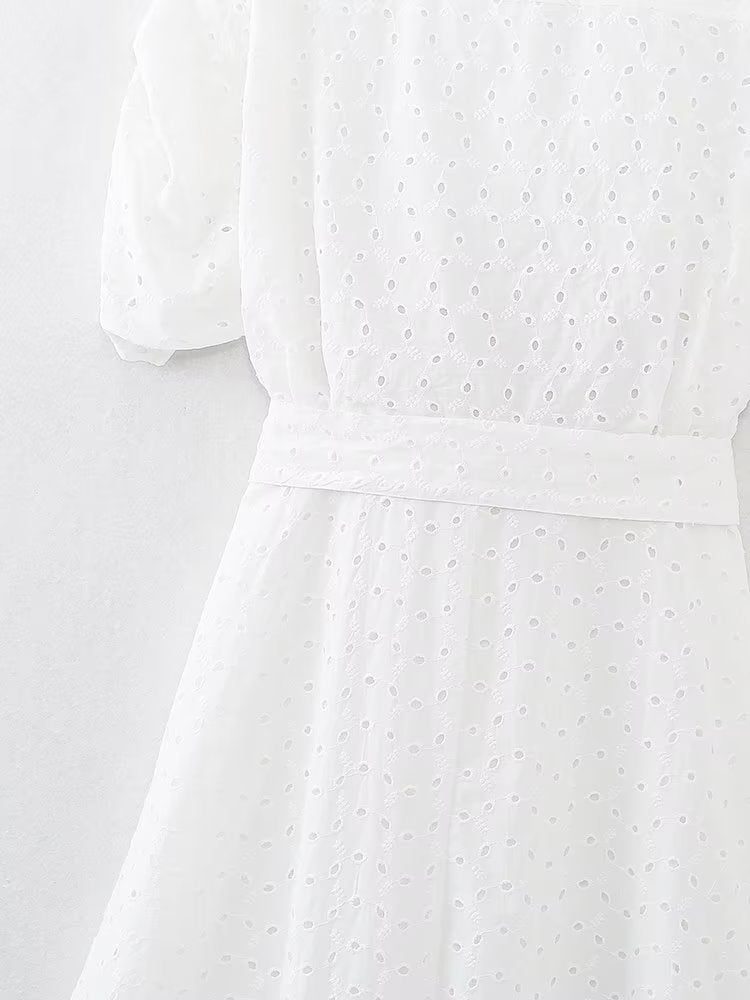 Summer Women Clothing Collared Short Sleeve Embroidered Midi Dress Dress