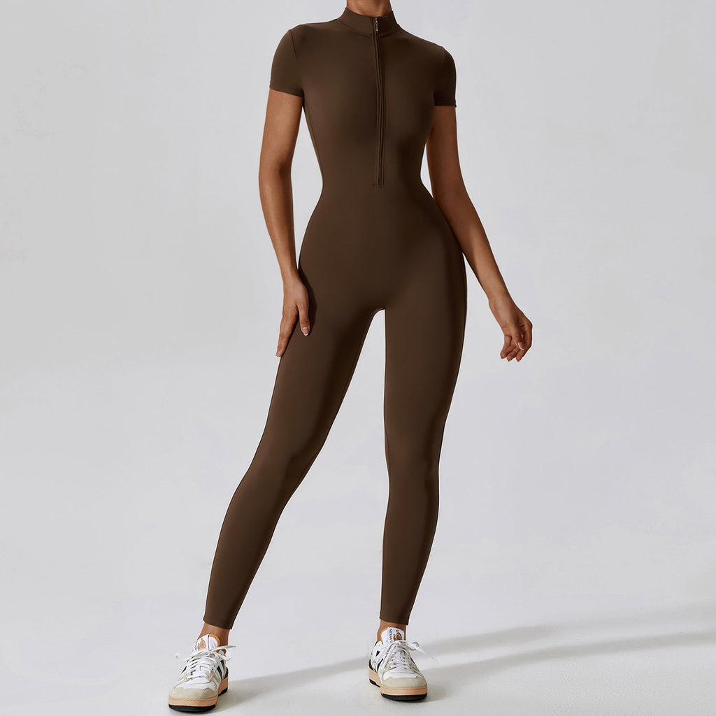 Sollinarry Zipper Short Sleeve Nude Feel Yoga Jumpsuit Women Outer Wear Fitness Sports One Piece Tights
