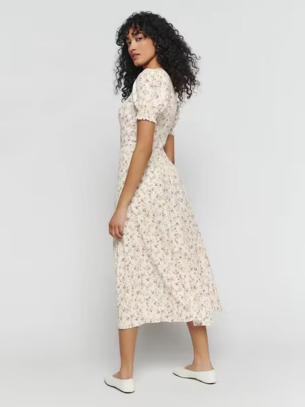 French Elegant Slim Fit High Waist Slit Sexy Print Square Collar Dress Summer Midi Dress