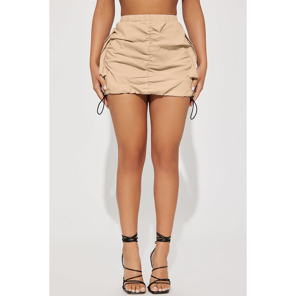 Women Clothing Solid Color Pleating Rubber Band Spring Fastener Sports Organ Pocket Skirt