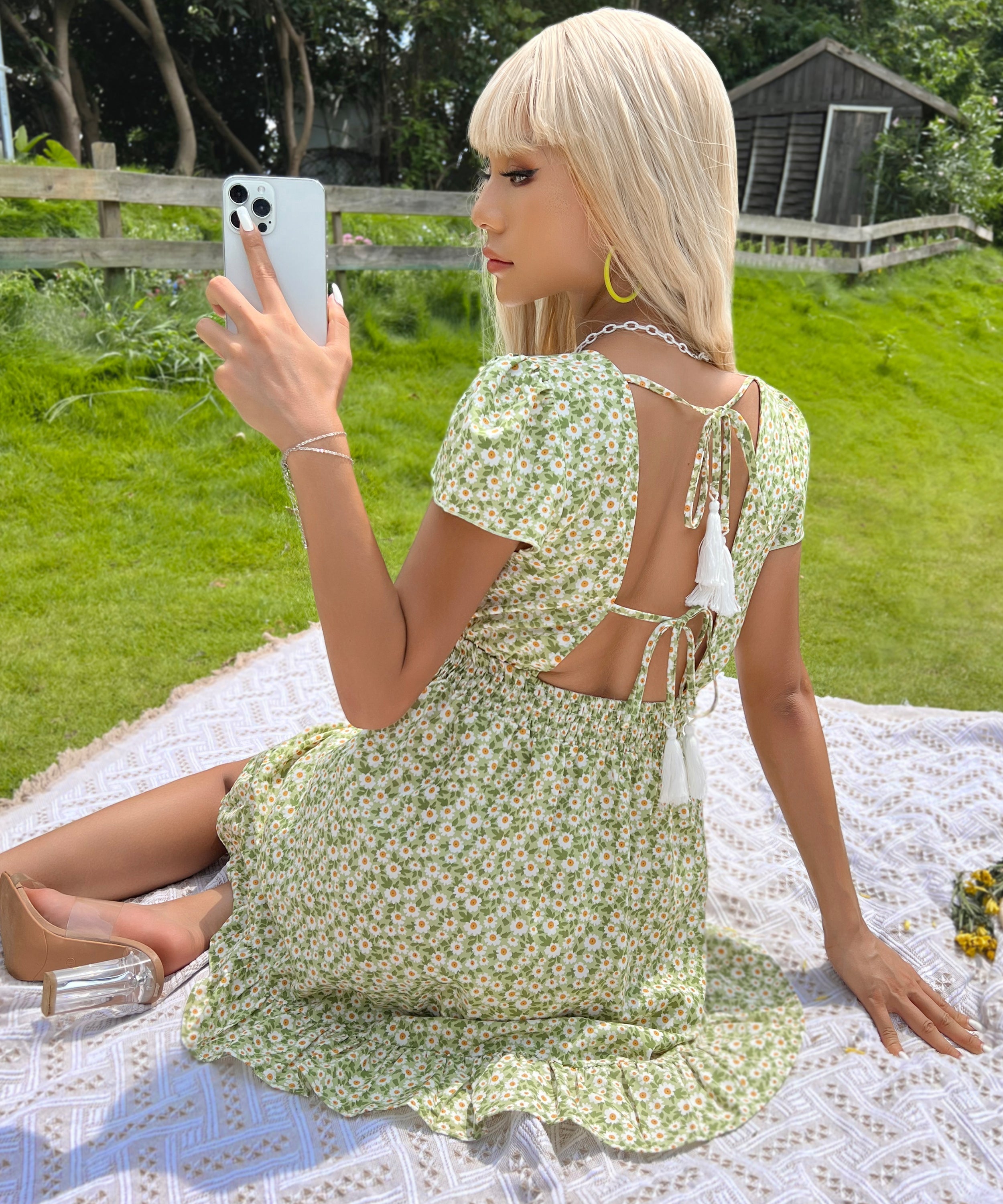 Summer Women Clothing Backless Tied V neck Floral Dress Women