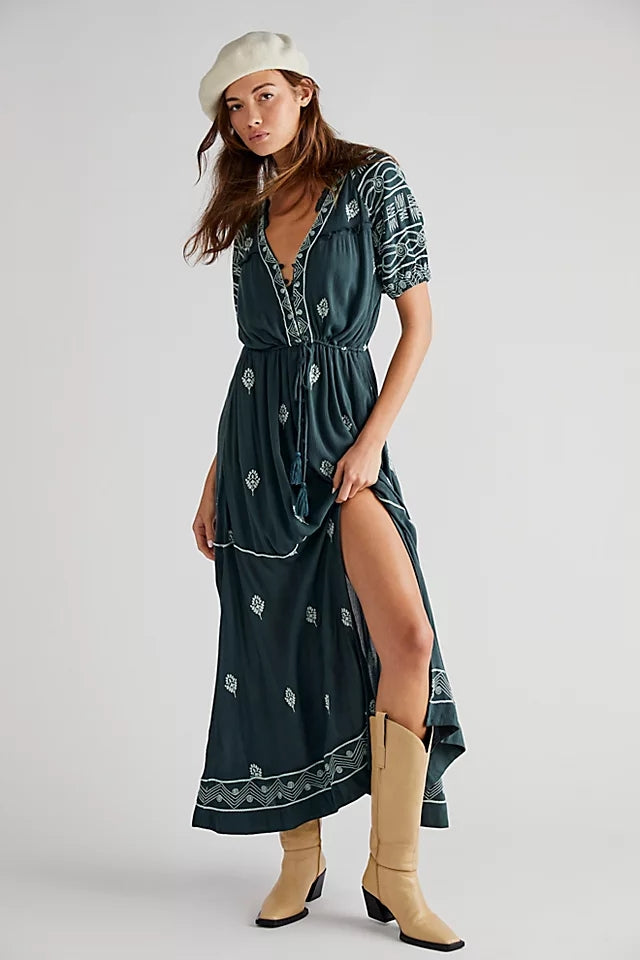 Women New Spring and Autumn Daily Elegant Cotton Embroidered Lace Up Long Dress