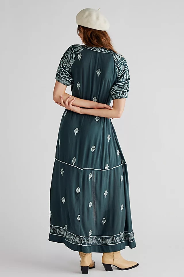 Women New Spring and Autumn Daily Elegant Cotton Embroidered Lace Up Long Dress