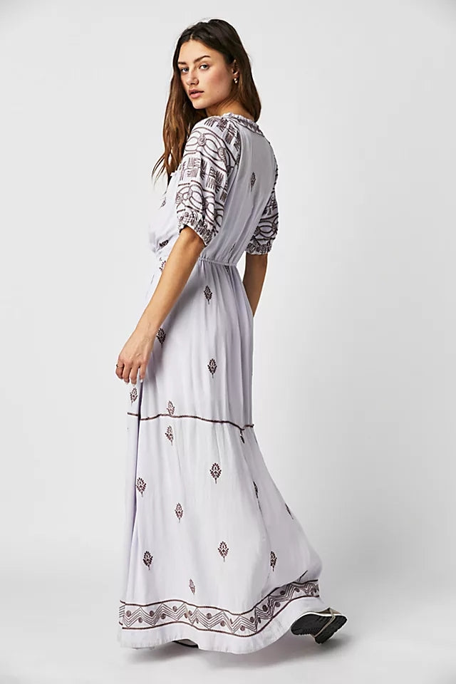 Women New Spring and Autumn Daily Elegant Cotton Embroidered Lace Up Long Dress