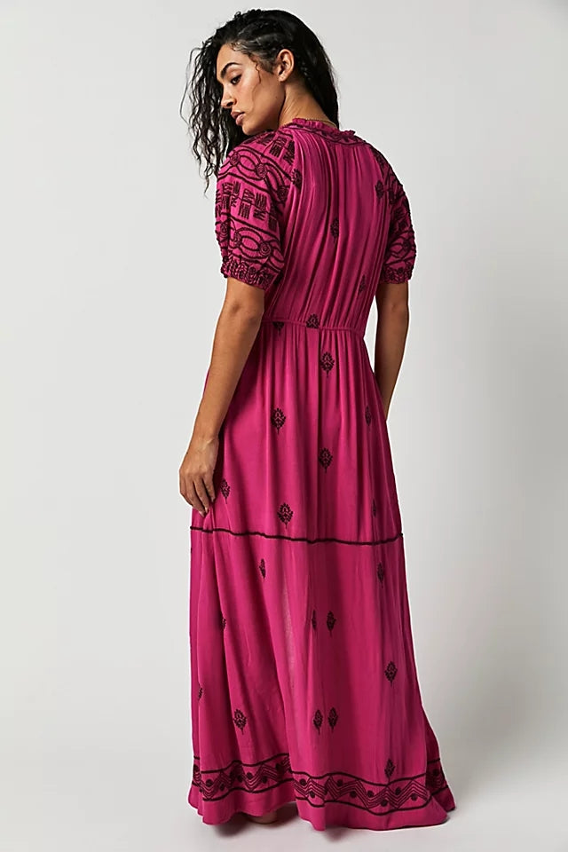 Women New Spring and Autumn Daily Elegant Cotton Embroidered Lace Up Long Dress
