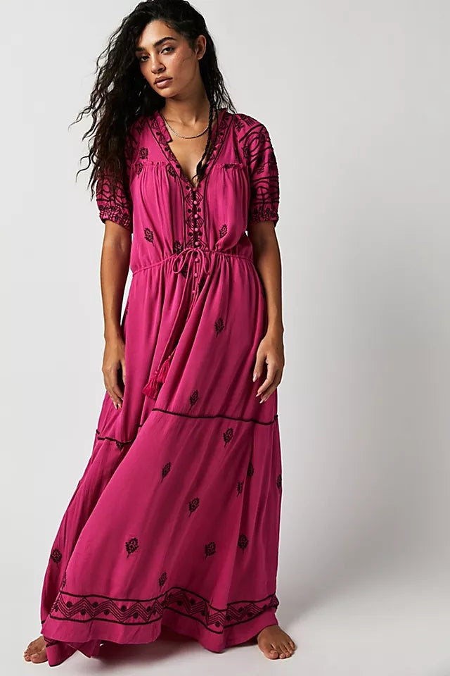 Women New Spring and Autumn Daily Elegant Cotton Embroidered Lace Up Long Dress