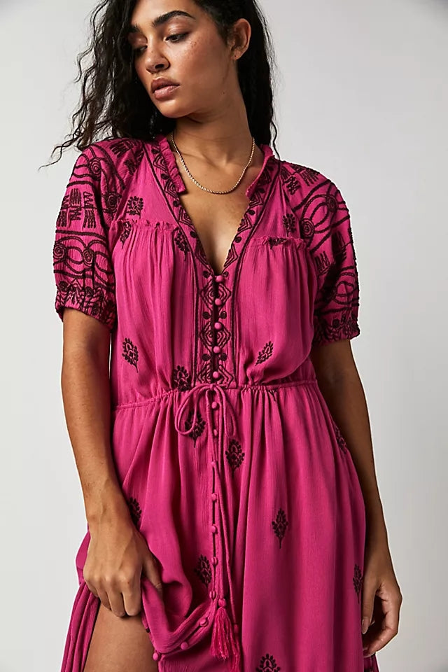 Women New Spring and Autumn Daily Elegant Cotton Embroidered Lace Up Long Dress