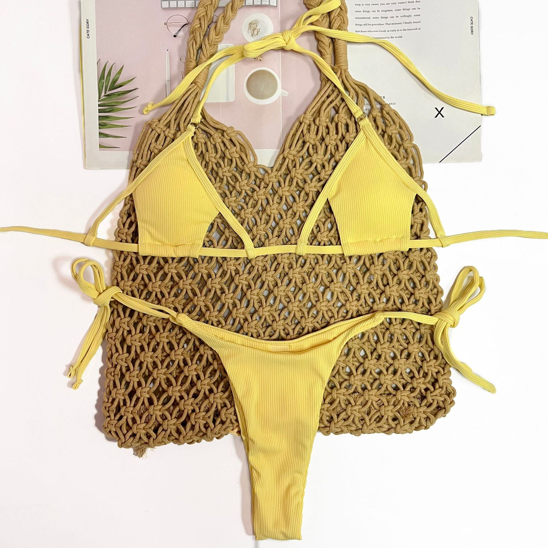 Swimsuit Special Fabric Sunken Stripe Strap Sexy Three Piece Suit Bikini Swimsuit Women