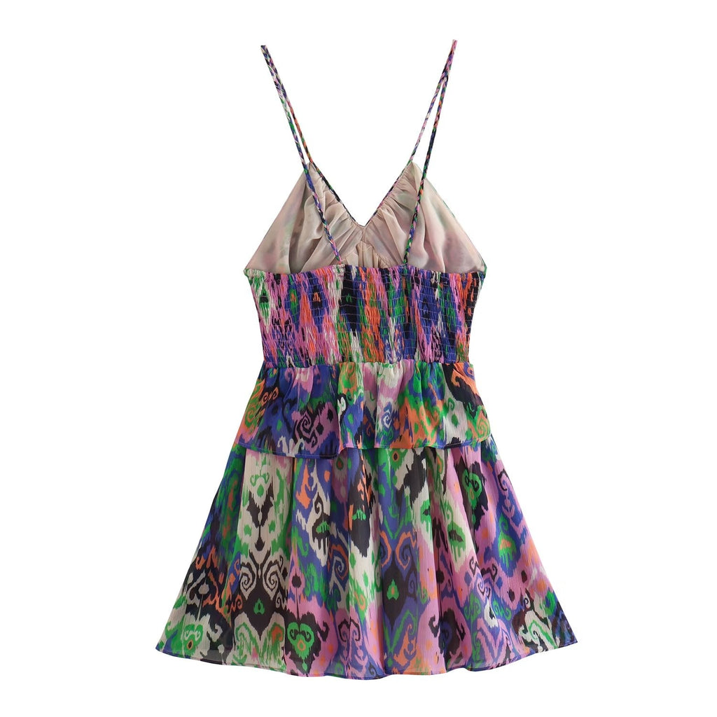 Summer Women Clothing Sling Laminated Decoration Printed Underwear Dress Short Dress