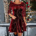Autumn Winter Solid Color Round Neck Long Sleeve Sequin Stitching A line Dress Women