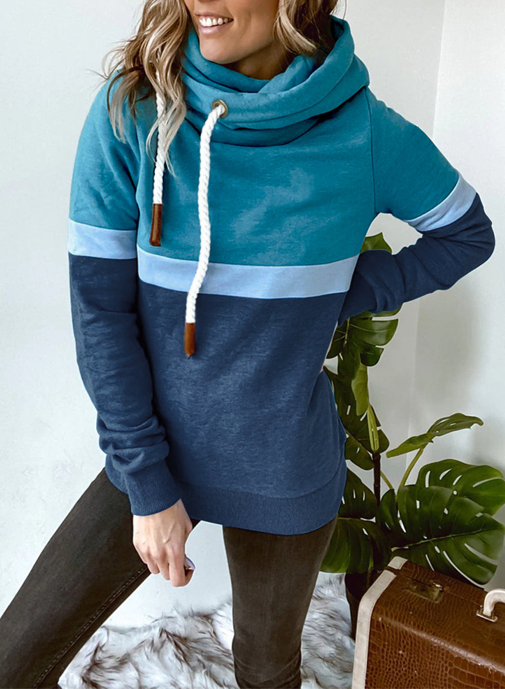Women Sweatshirt Autumn Winter Solid Color Stitching Casual Pullover Hooded Sweatshirt for Women