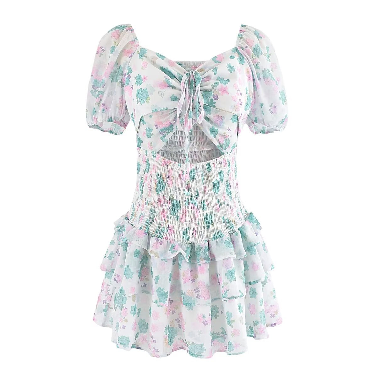 Simple Sexy Niche Design Dress Floral Drawstring Elastic Puff Short Sleeve High Waist Dress