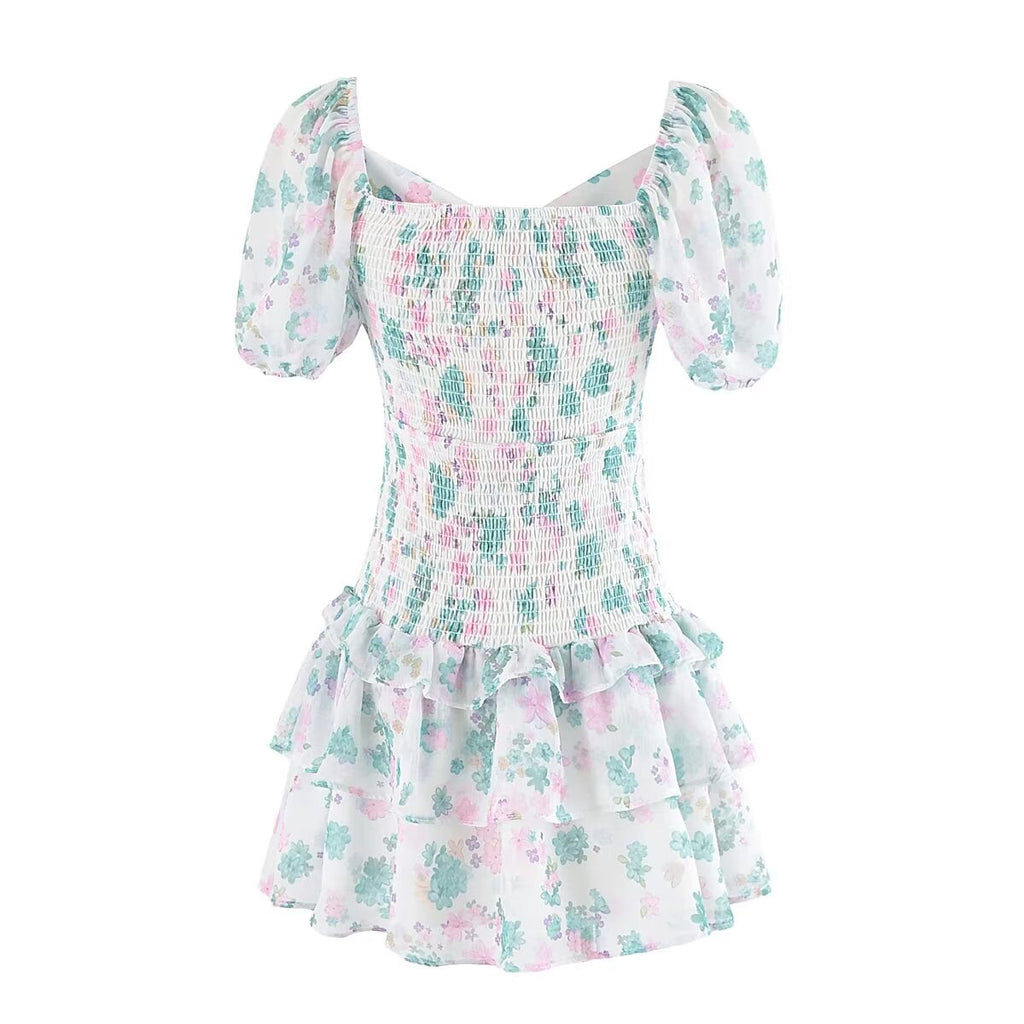 Simple Sexy Niche Design Dress Floral Drawstring Elastic Puff Short Sleeve High Waist Dress