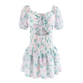 Simple Sexy Niche Design Dress Floral Drawstring Elastic Puff Short Sleeve High Waist Dress