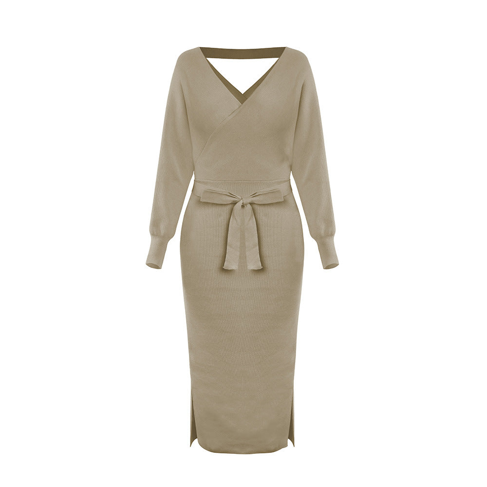 Autumn Winter Knitted Dress Slim Double V neck Sweater Dress