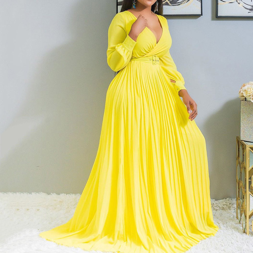 Women Deep V Plunge Cross Gathers Front Chest Lower Solid Color Pleated Puffy Dress No Belt