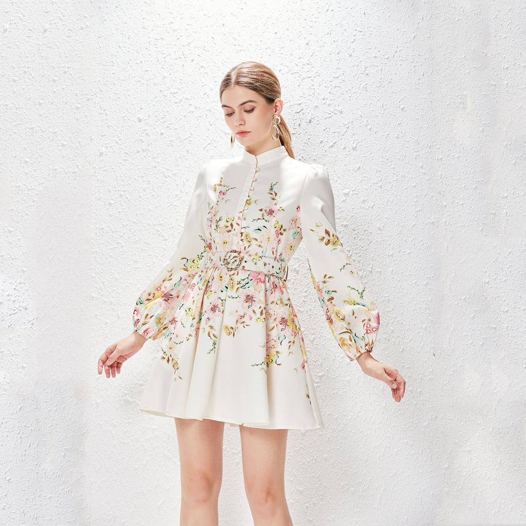 Spring Summer Stand Collar Single Breasted Lantern Sleeve Positioning Printed Dress