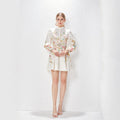 Spring Summer Stand Collar Single Breasted Lantern Sleeve Positioning Printed Dress