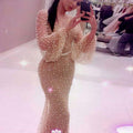 Autumn Middle East Women Clothing Mesh Round Neck Puff Sleeve Dress Skinny Hip Dress