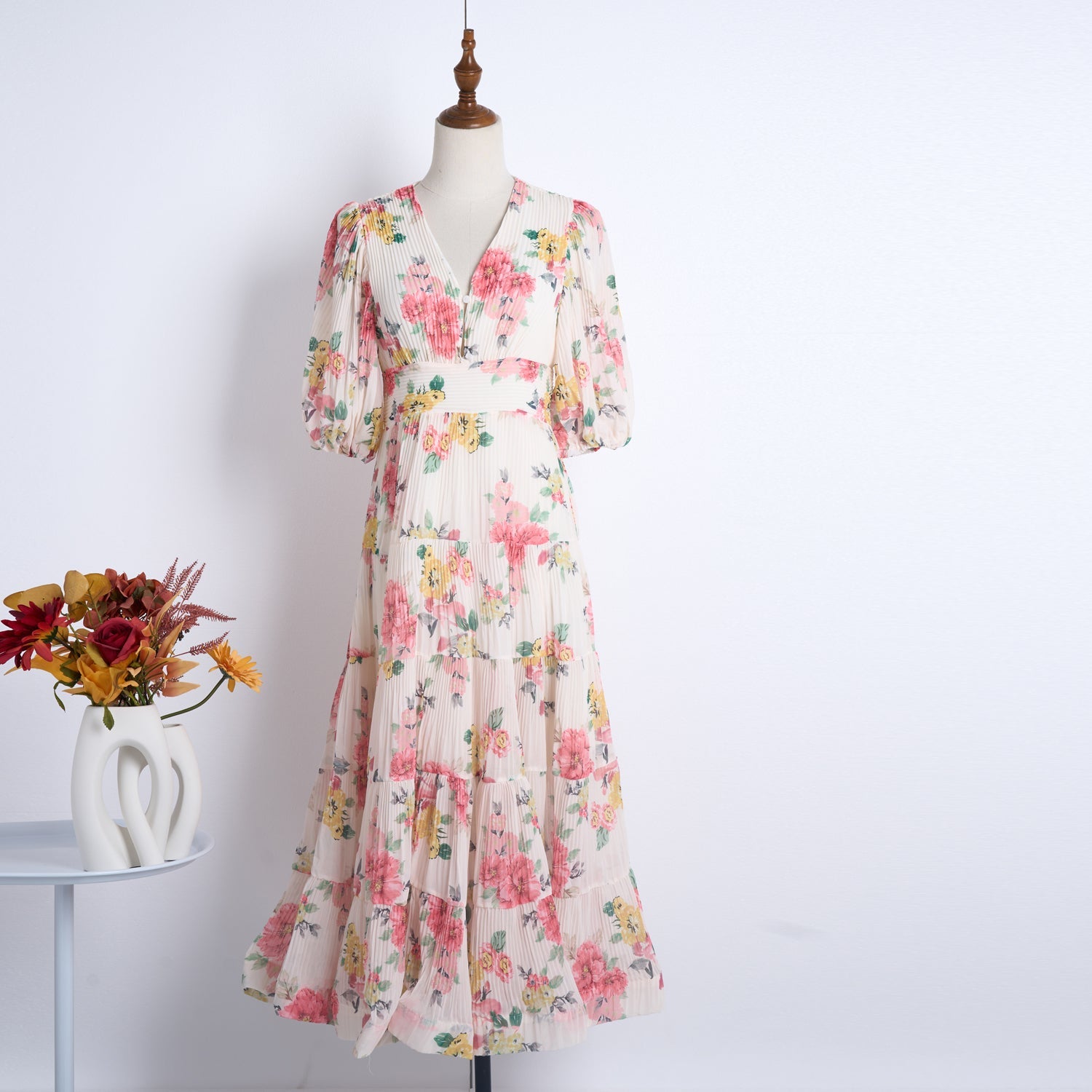 Heavy Duty Pleated Printed Oversized Swing Bubble Sleeve Dress Long Tight Waist Stitching Dress