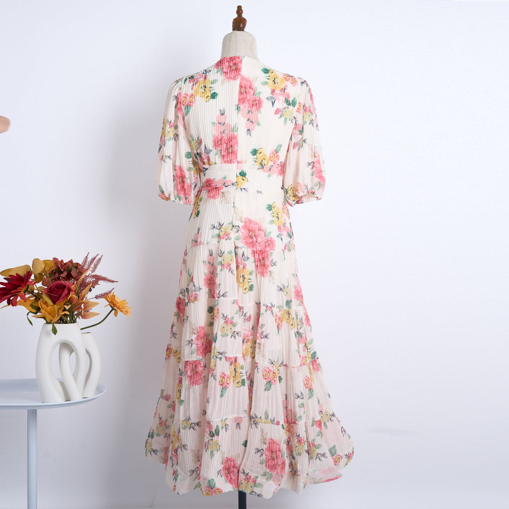 Heavy Duty Pleated Printed Oversized Swing Bubble Sleeve Dress Long Tight Waist Stitching Dress