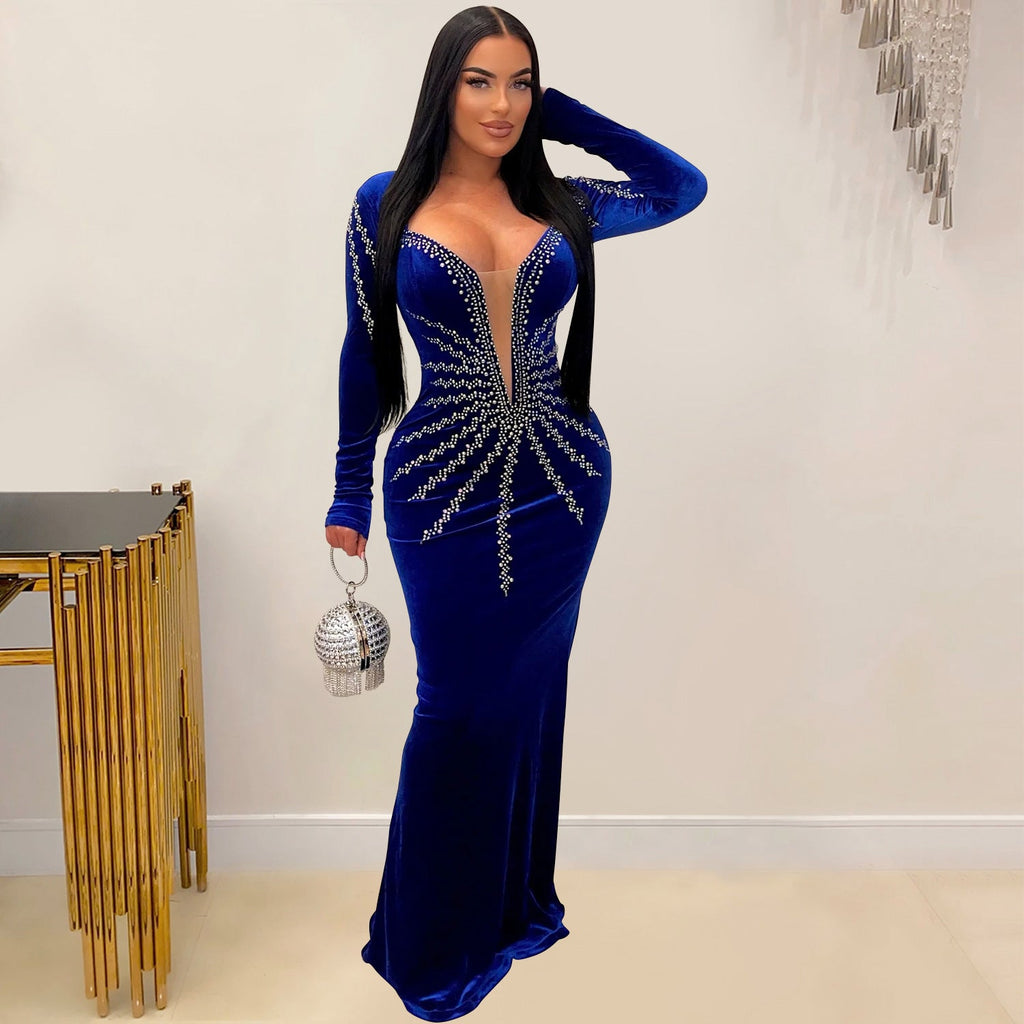 Women Wear Solid Color Sexy Rhinestone Long Sleeve Dress Dress