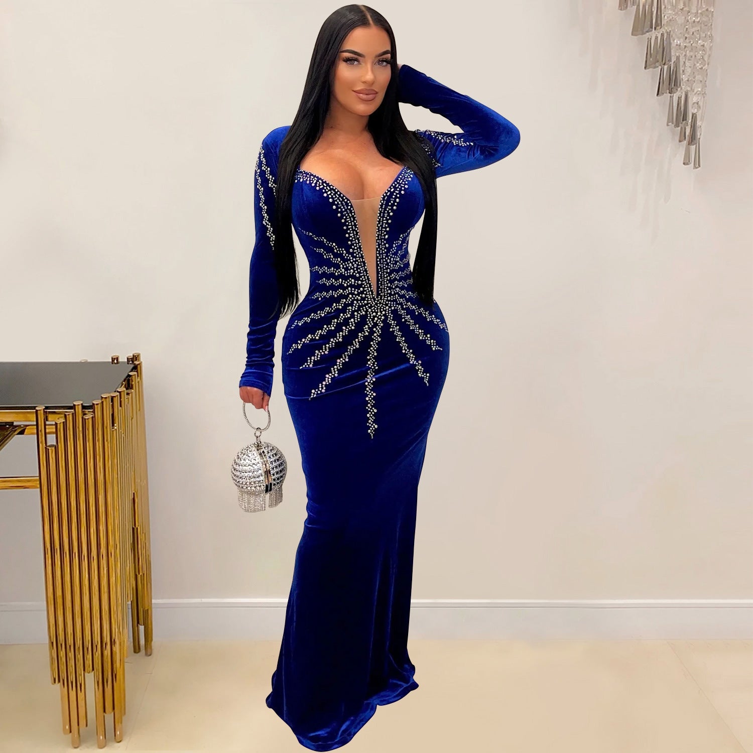 Women Wear Solid Color Sexy Rhinestone Long Sleeve Dress Dress