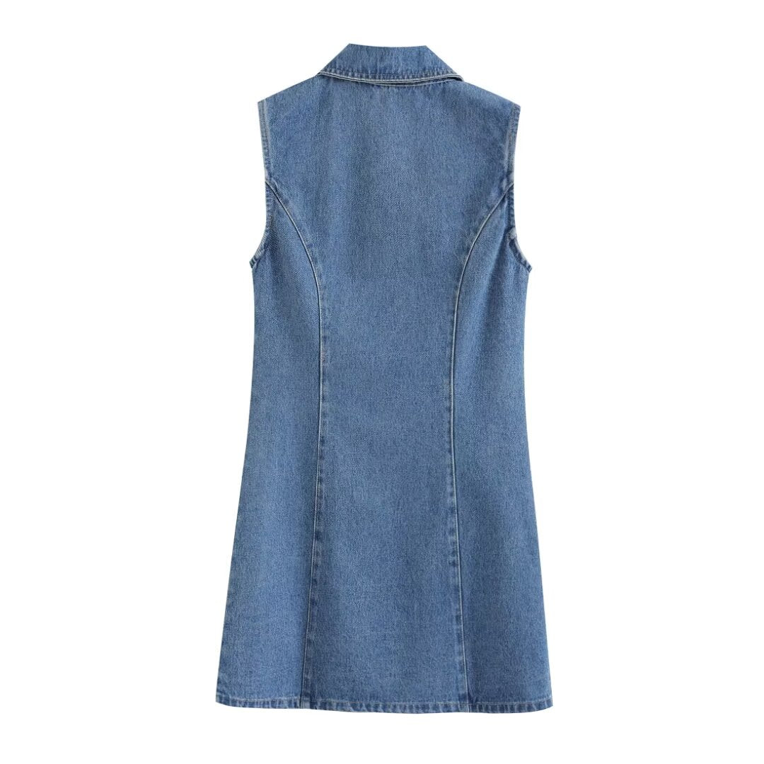 Women Summer Lapels Sleeveless Slim Fit Denim Dress Sexy Short Dress