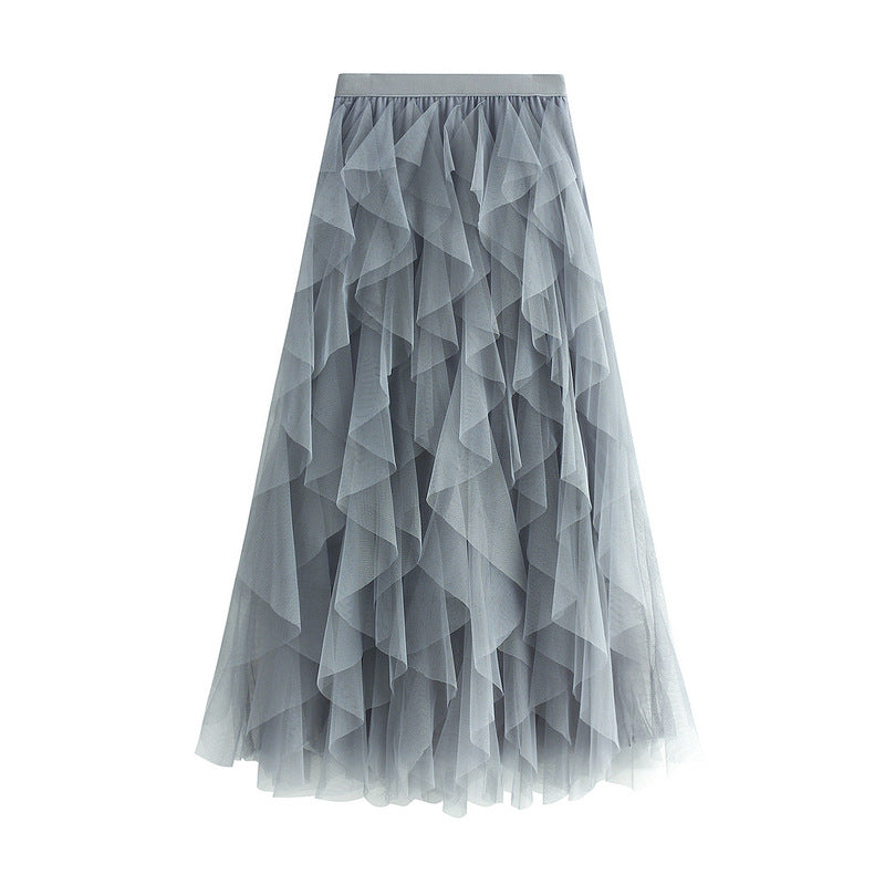 Autumn Winter Korean Elastic Waistband Fashionable All Matching Slimming Mesh Stitching Irregular Asymmetric Mid Length High Waist Skirt
