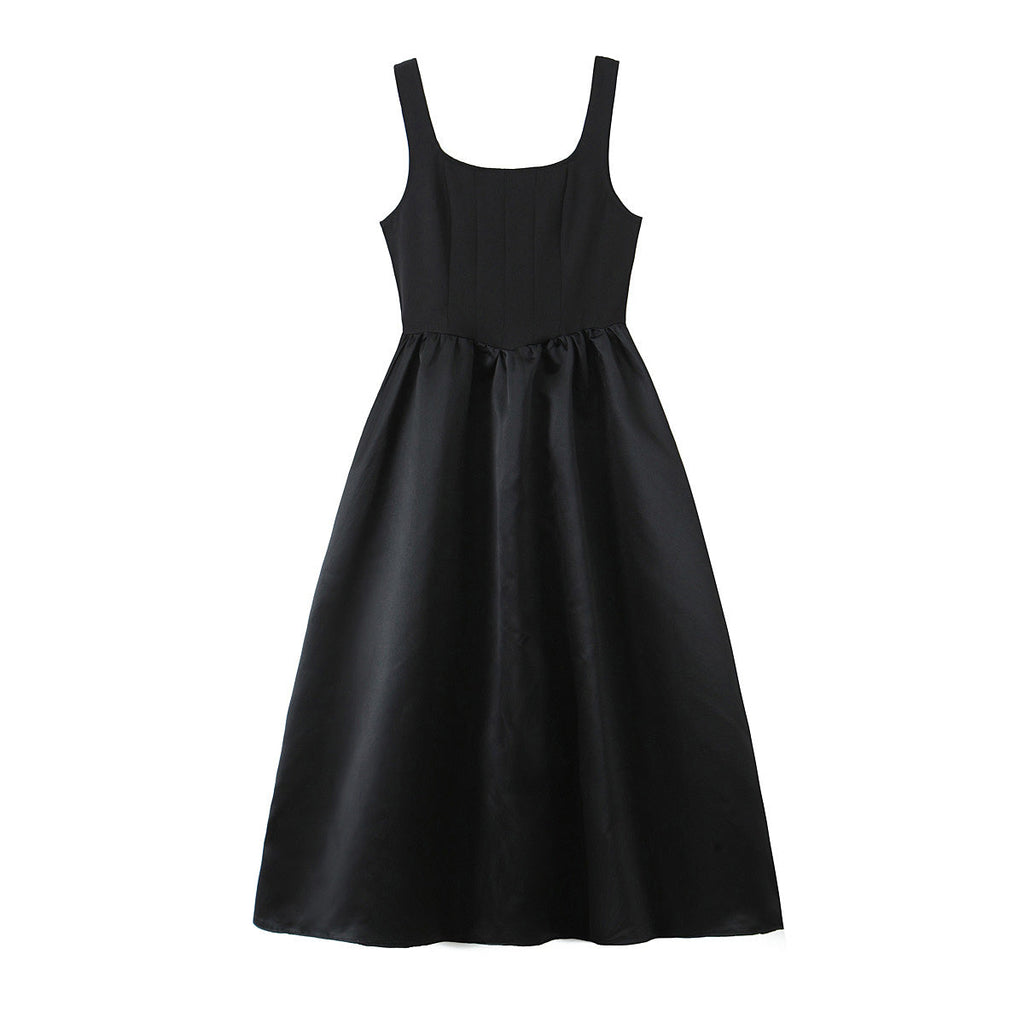 Women Solid Color Frill Strap Slim Fit Patchwork Casual Sling Dress