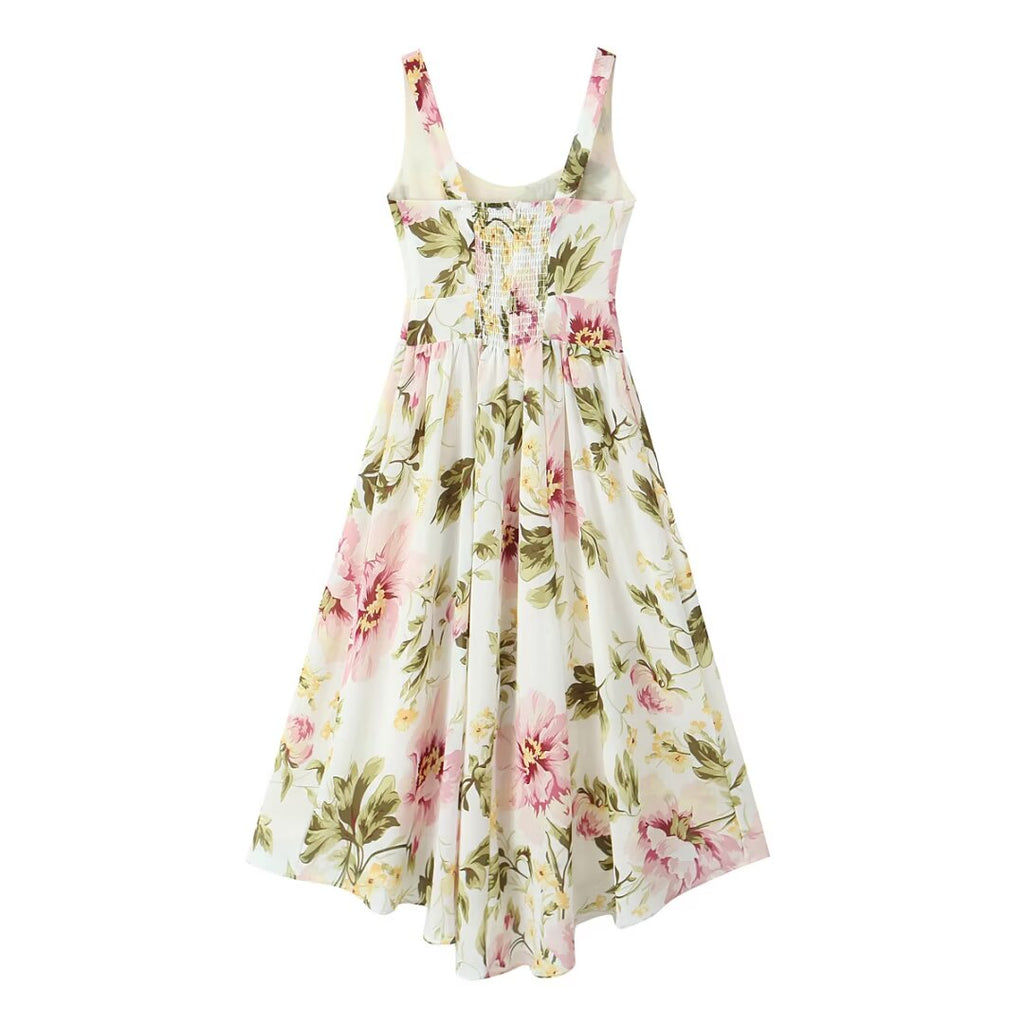Women Clothing French Vintage Print Lace Up Midi Dress Waist Controlled Slimming Dress