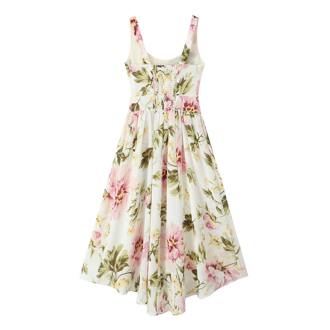 Women Clothing French Vintage Print Lace Up Midi Dress Waist Controlled Slimming Dress
