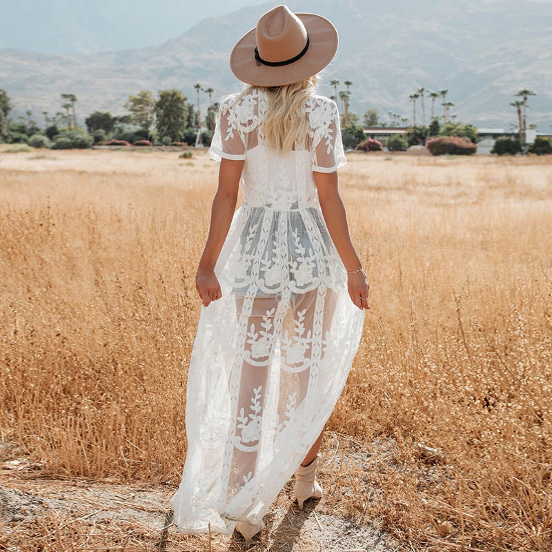 Lace Embroidery Lace Cardigan Beach Cover-up Bikini Swimwear Cover-up Sun Protection Cardigan Beachwear