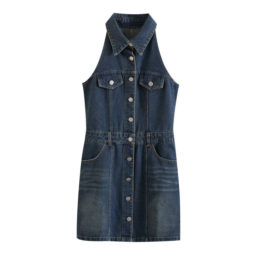 Women Clothing Polo Collar Sleeveless Shirt Loose Casual Denim Dress