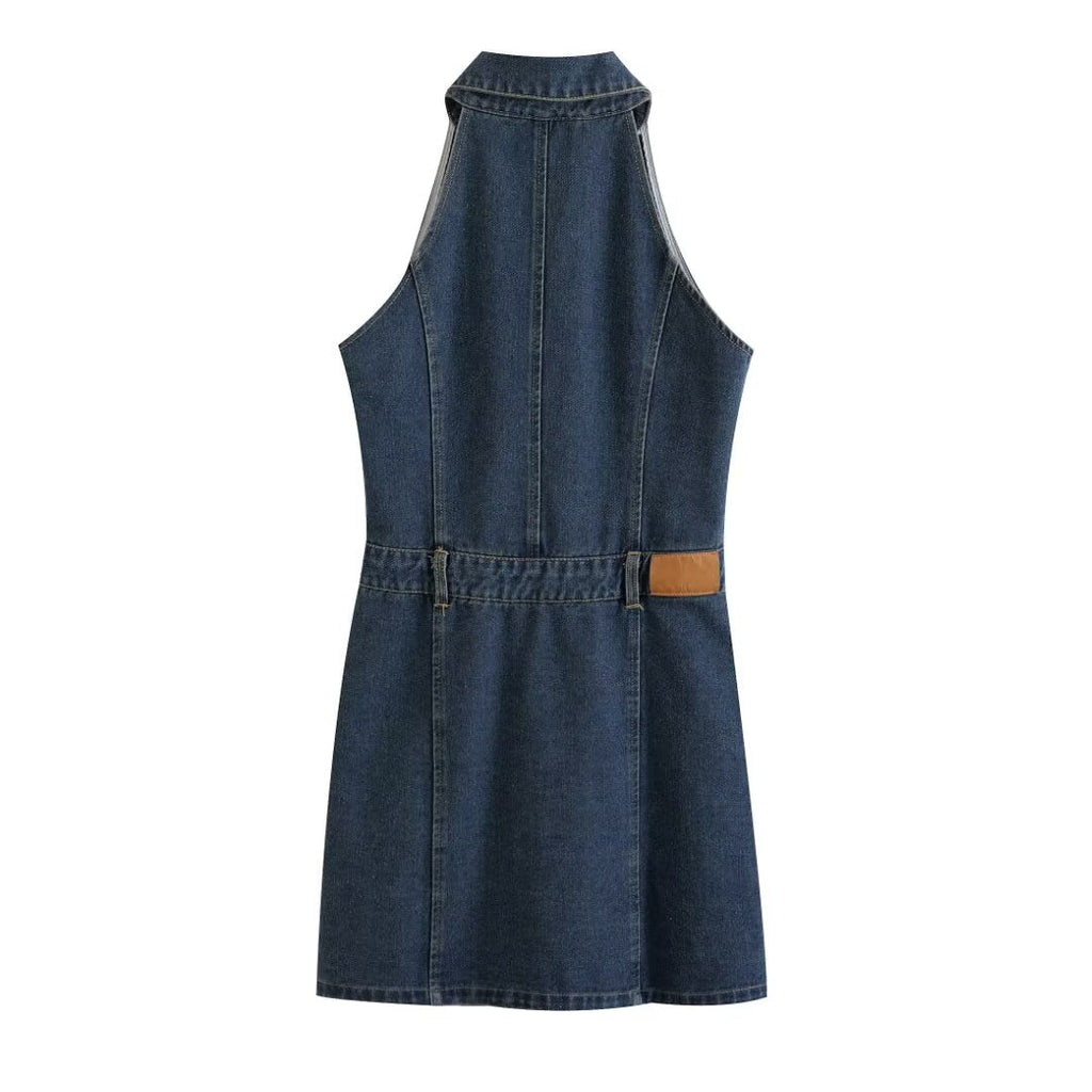 Women Clothing Polo Collar Sleeveless Shirt Loose Casual Denim Dress