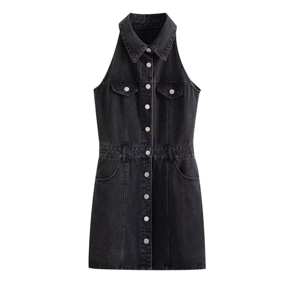 Women Clothing Polo Collar Sleeveless Shirt Loose Casual Denim Dress