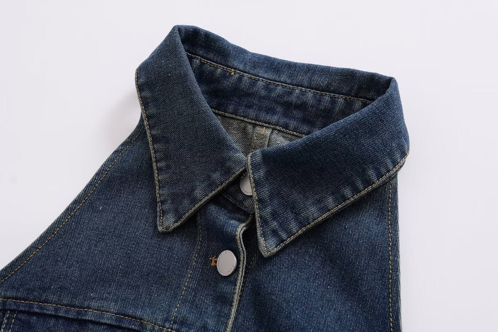 Women Clothing Polo Collar Sleeveless Shirt Loose Casual Denim Dress