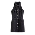 Women Clothing Polo Collar Sleeveless Shirt Loose Casual Denim Dress