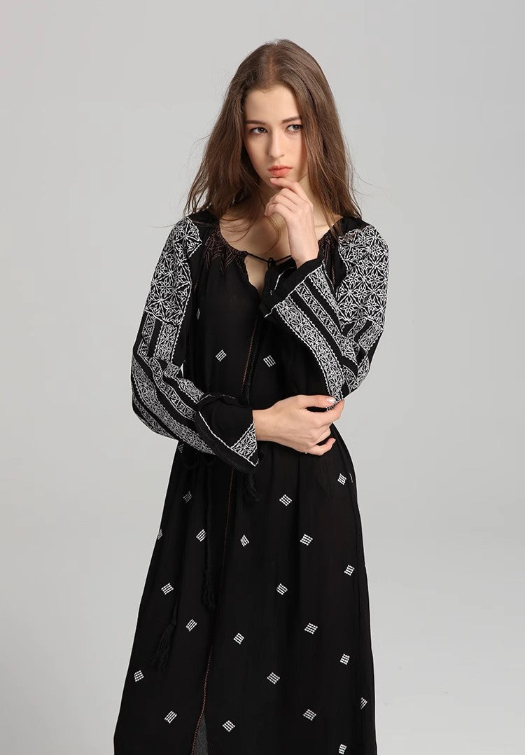 Women Spring Long Sleeve Printed Embroidered A Line Dress