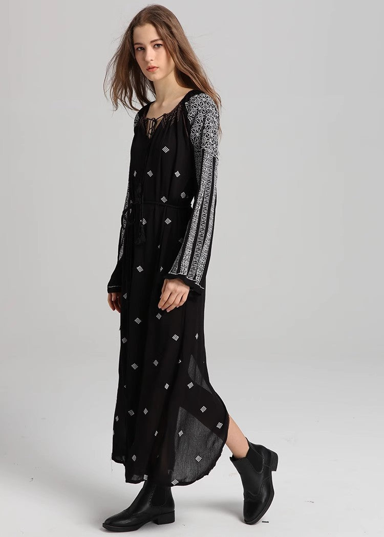 Women Spring Long Sleeve Printed Embroidered A Line Dress