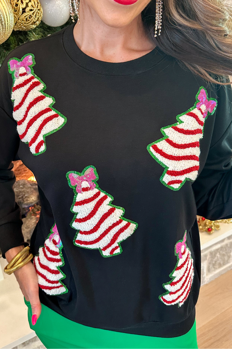 Autumn Winter Women Christmas Tree Decorative Sequ Sweatshirt Casual Loose Top Women